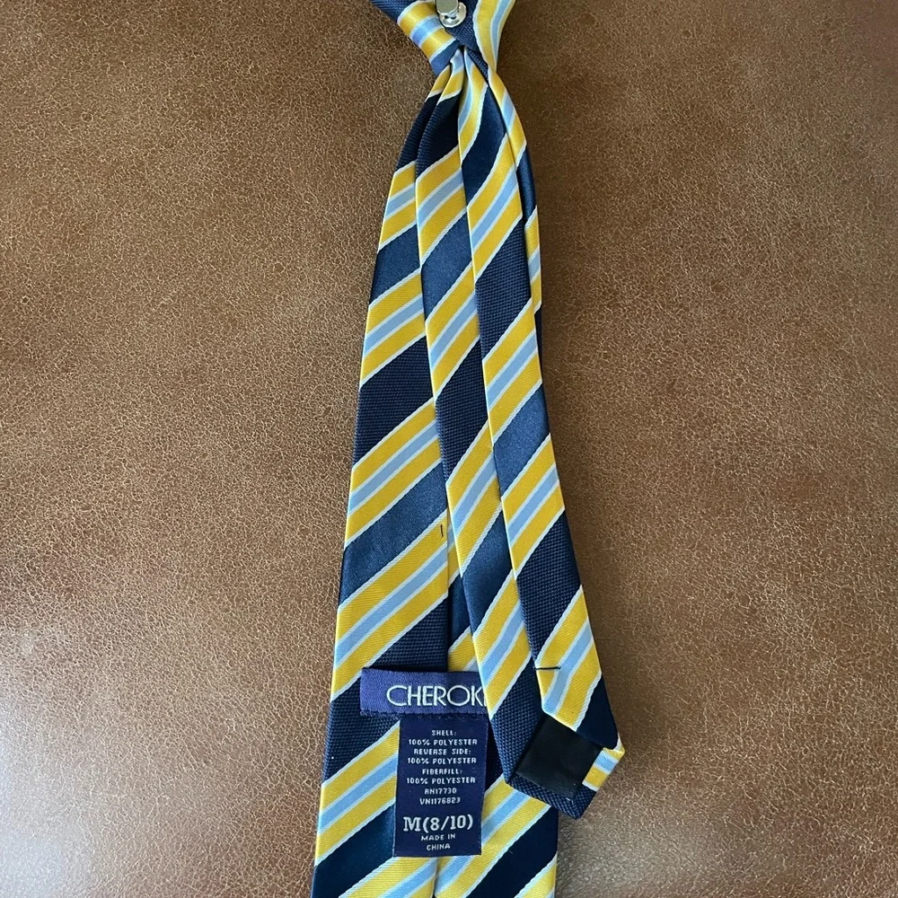 Boys clip on neck tie Striped Yellow and Blue size 8-10 dressy formal church